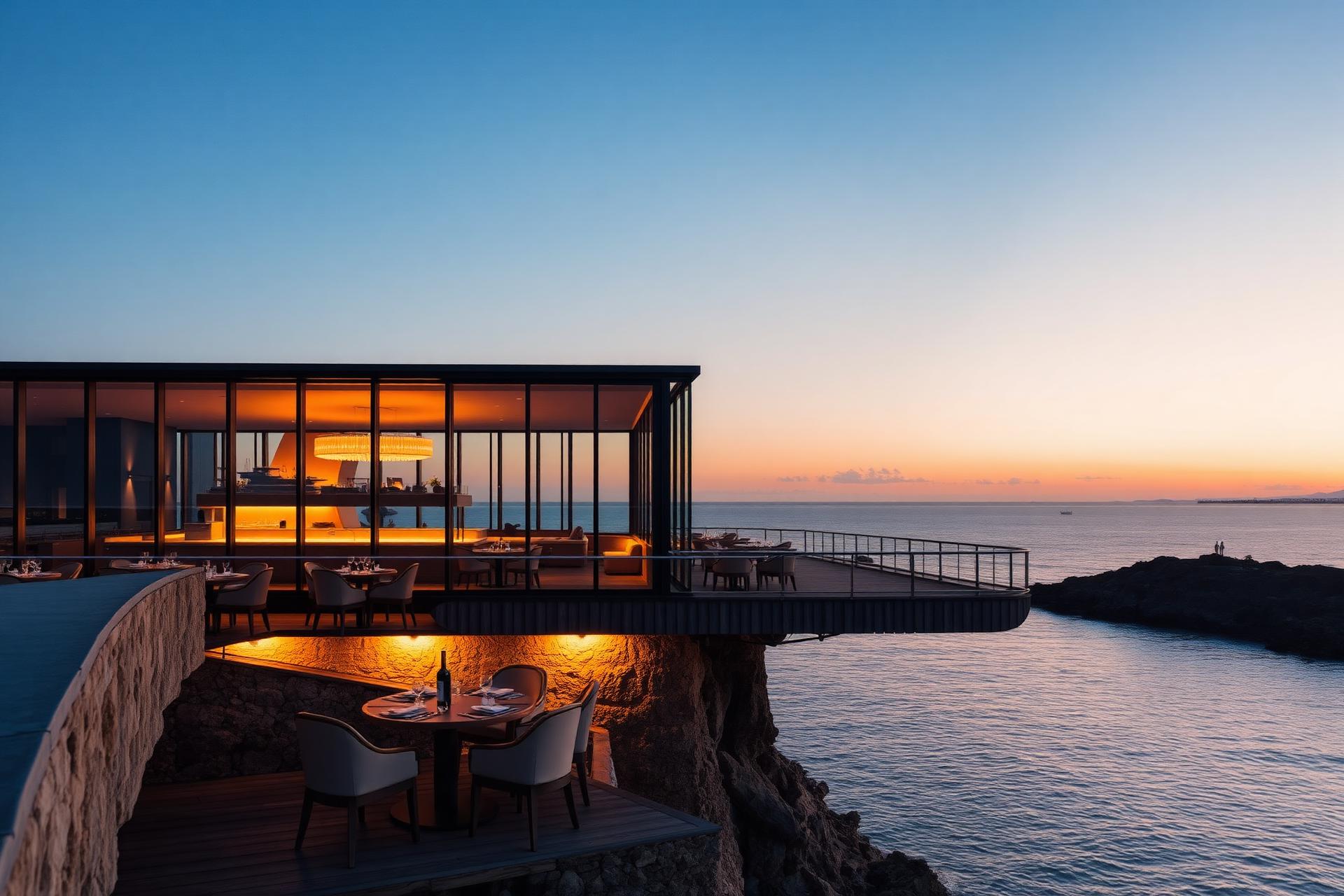 Glasrestaurangen ovanför havet i skymning