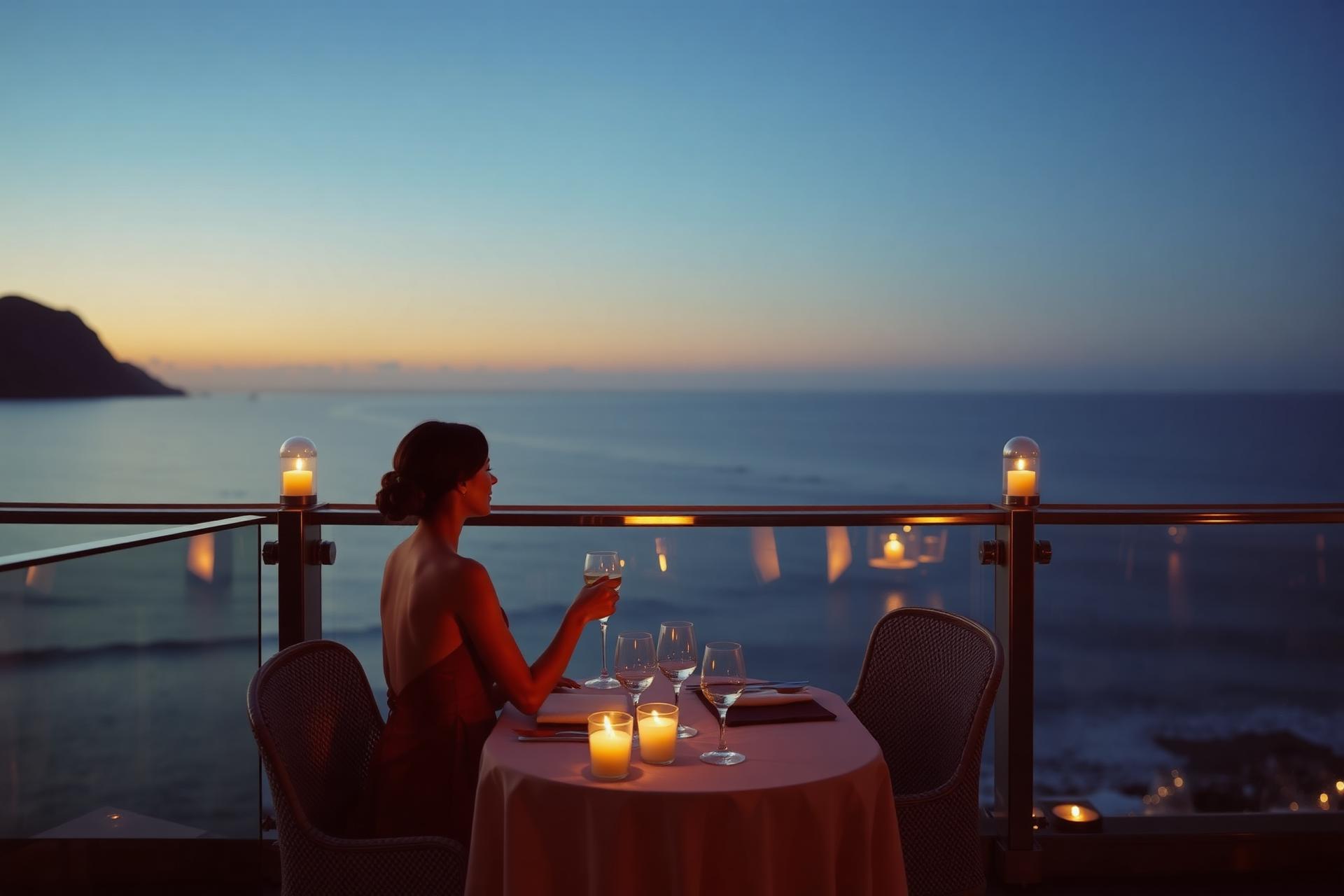 Elegant middag vid havet i kvällsljus
